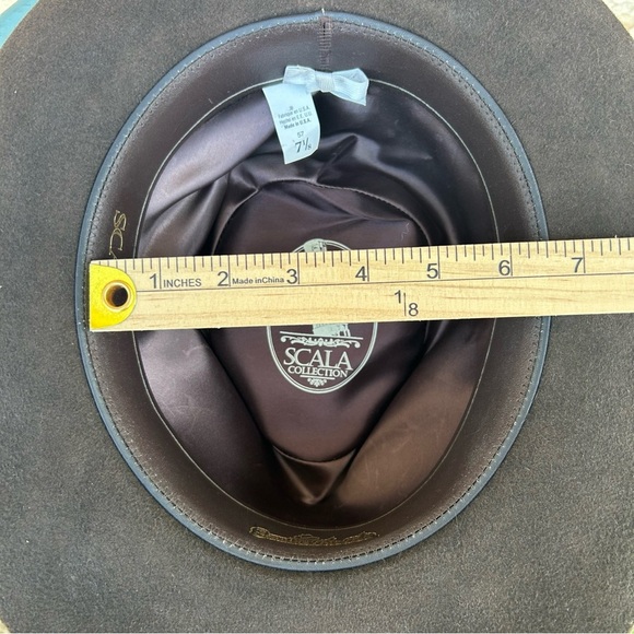 Scala Genuine Fur Felt Fedora Hat 7 1/8(57cm)Made in USA Classic Brown w/Feather - Picture 12 of 14